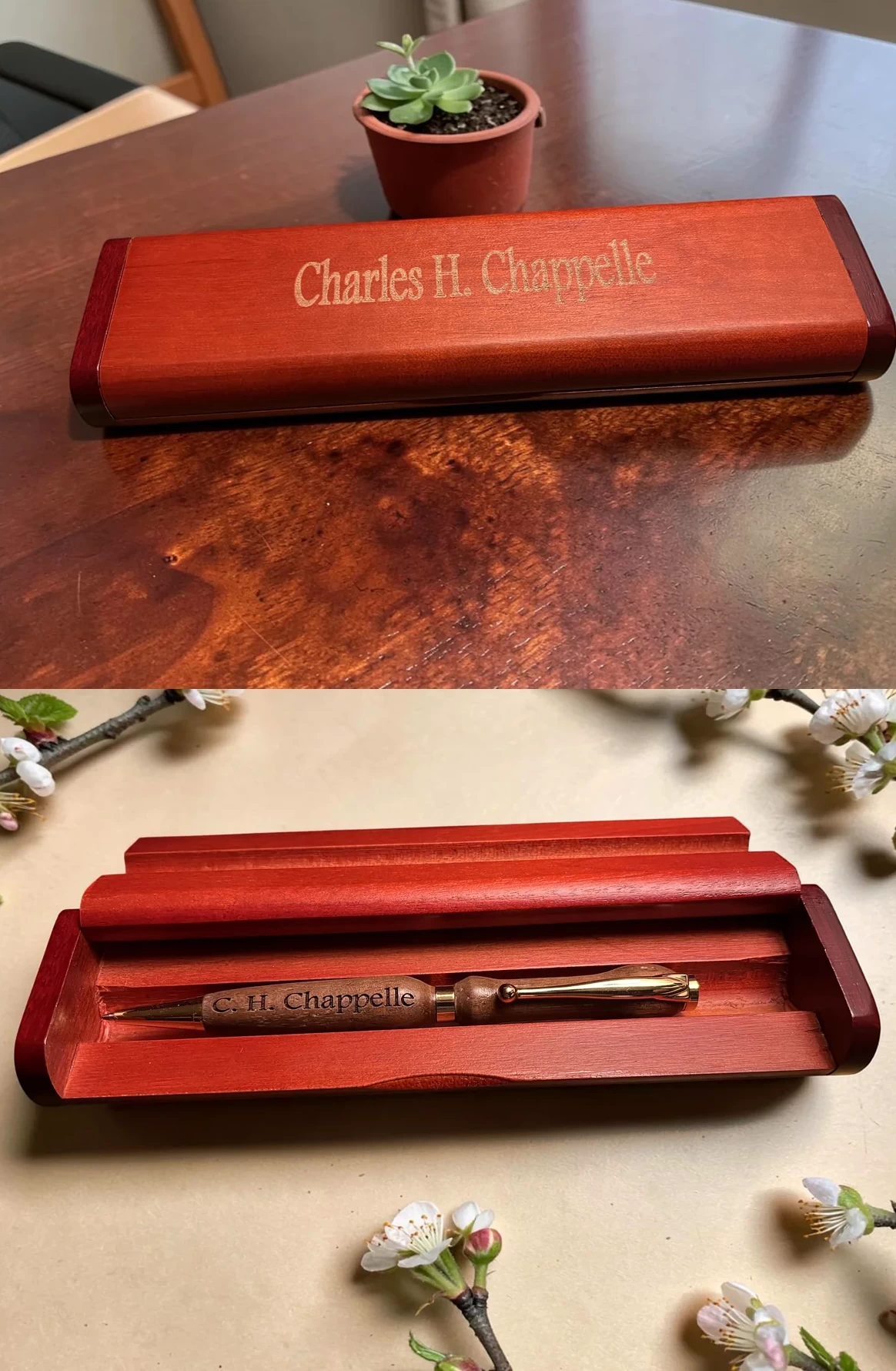 Engraved red wood pen case shown open and closed