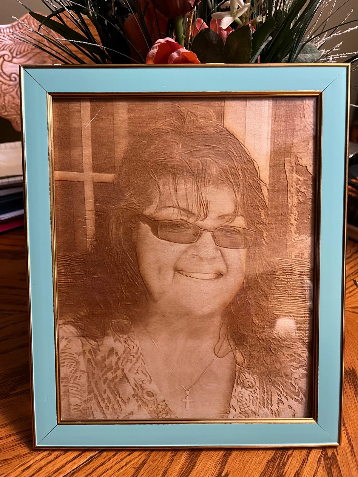 Memorial photo engraving on wood